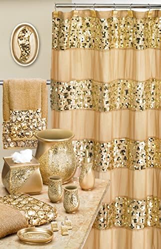 Zahari Home 13pc Sinatra Bathroom Shower Curtain Set - Gold Curtain & 12 Champagne Hooks - Luxury Fabric Bling Unique Beautiful Set