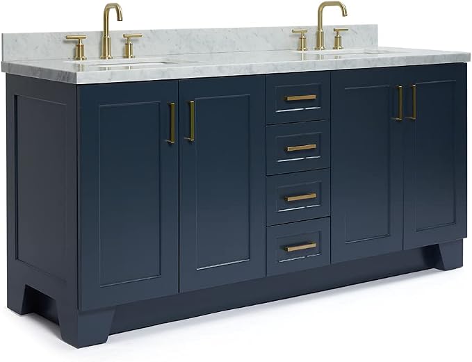 ARIEL Taylor 72-inch Bathroom Vanity with Sink,Solid Wood, 1.5-inch Italian Carrara Marble Countertop, Double Rectangular Porcelain Sink, 4 Soft Closing Doors, 6 Dovetail Drawers, Midnight Blue