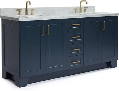 ARIEL Taylor 72-inch Bathroom Vanity with Sink,Solid Wood, 1.5-inch Italian Carrara Marble Countertop, Double Rectangular Porcelain Sink, 4 Soft Closing Doors, 6 Dovetail Drawers, Midnight Blue