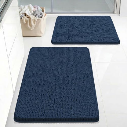 Bcoimo Bath Rug Mat Sets, 2 Piece High Absorbent Chenille Bathroom Mat Navy