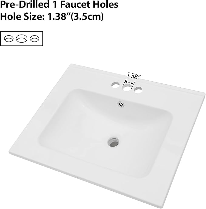 Lordear White Bathroom Sink 3 Holes Drop In 24 X 20 Inch Three Holes Porcelain Ceramic Bathroom Vanity Top Sink Basin 24"