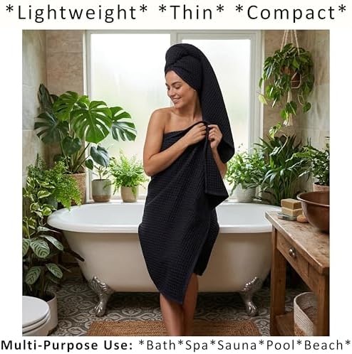 PÜSKÜL Natural 100% Turkish Cotton Waffle Towels Set of 4-Piece, Black