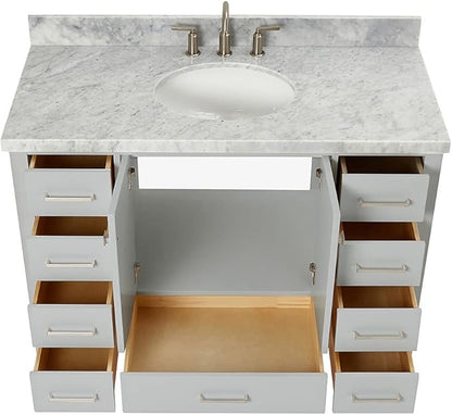 ARIEL Cambridge 48-inch Bathroom Vanity with Sink,Solid Wood, 1.5-inch Italian Carrara Marble Countertop & Backsplash, Single Oval Porcelain Sink, 2 Soft Closing Doors, 9 Dovetail Drawers, Grey