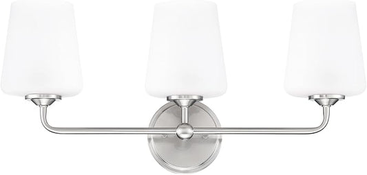 Design House Stasia Vanity Light, 3-Light, Sleek Modern Arms, Frosted Glass Glow, Dimmable, Dual-Mount Option, E26 Socket, Satin Nickel, 23.8 in L x 6.7 in W x 11.0 in H, 589291