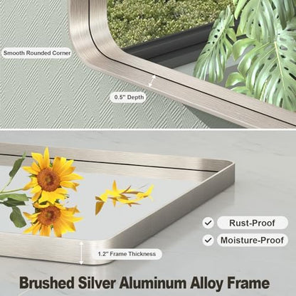 32x36 Inch Brushed Nickel Bathroom Mirror, Brushed Silver Metal Framed Wall Mirror, Rounded Corner Rectangle Modern Vanity Mirror, Tempered Glass, Anti-Rust, Shatterproof (Horizontal/Vertical)