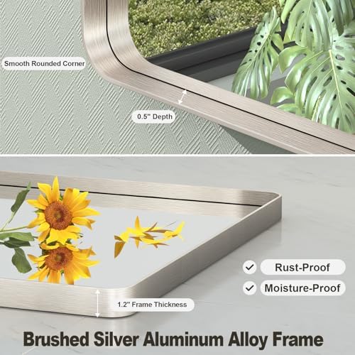 60x36 Inch Brushed Nickel Bathroom Mirror, Large Brushed Silver Metal Framed Wall Mirror, Rounded Corner Rectangle Modern Vanity Mirror, Tempered Glass, Anti-Rust, Shatterproof (Horizontal/Vertical)