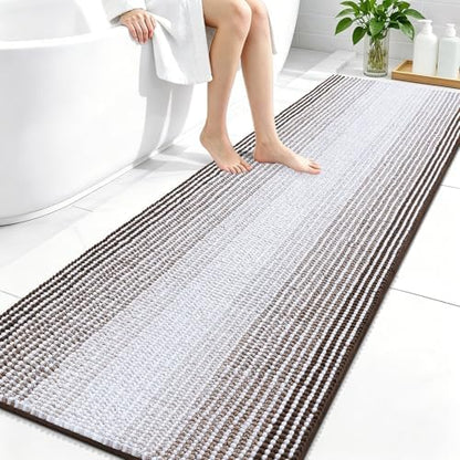OLANLY Bathroom Runner Rugs 70x24, Soft Chenille Striped Bath Rugs, Brown