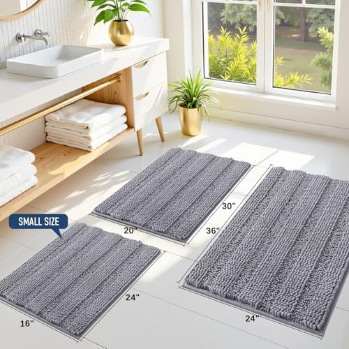 Grandaily Chenille Striped Bathroom Rugs 36x24, Extra Thick and Soft Absorbent Bath Mats, Rubber Backing, Plush Shaggy Shower Carpet, Machine Wash Dry, Bath Rug for Bathroom, Grey