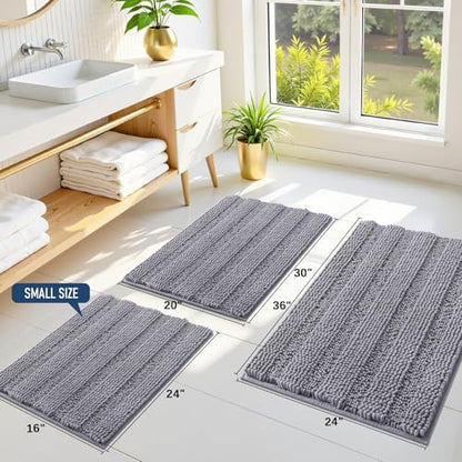 Grandaily Chenille Striped Bathroom Rugs 36x24, Extra Thick and Soft Absorbent Bath Mats, Rubber Backing, Plush Shaggy Shower Carpet, Machine Wash Dry, Bath Rug for Bathroom, Grey