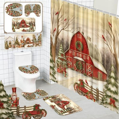 FuWeave 8 Pcs Christmas Shower Curtain Set for Bathroom Decor