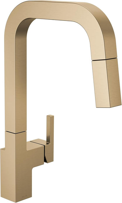 Delta Junction Brushed Gold Kitchen Faucet with Pull Down Sprayer, Modern Brushed Gold Single Hole Kitchen Sink Faucet, Single Handle, Champagne Bronze 19825LF-CZ