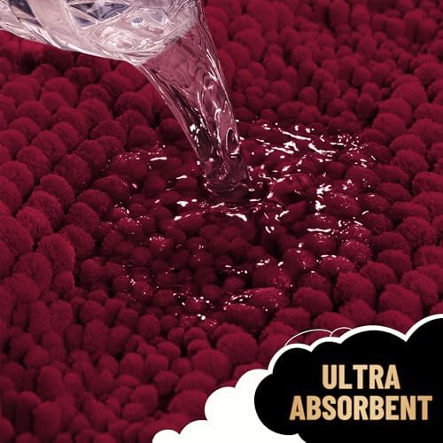 OLANLY Thick Bathroom Rugs 30x20, Soft Chenille Striped Bath Rugs, Burgundy