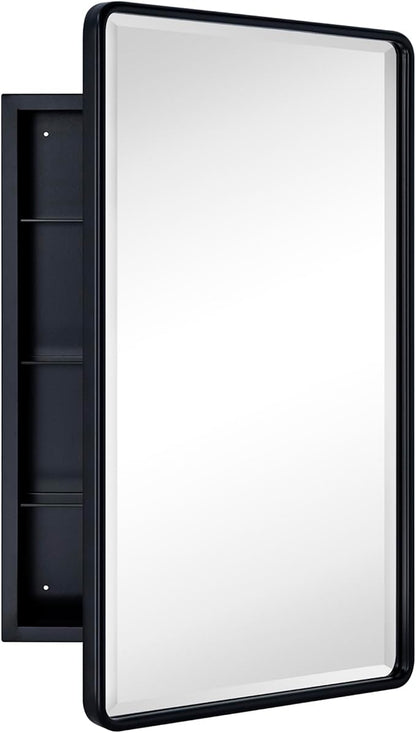 TEHOME Surface Mount 16.5x27.5'' Black Bathroom Medicine Cabinet with Mirror Matt Black Metal Framed Rounded Rectangle Medicine Cabinet with Beveled Mirror 3 Adjustable Glass Shelves