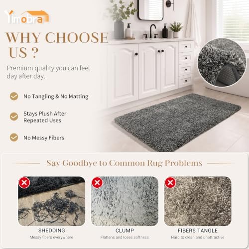 Yimobra Bathroom Rugs Non Slip Washable, Ultra Soft and Water Absorbent Bath Mats, Plush Fluffy Shower Mat Outside, Microfiber Thick Matts for Bathroom Floor/Sink, 24X17, Light Gray and Black Gray