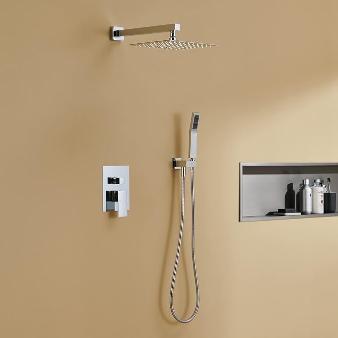 Shower System 10 Inches Rain Shower Combo Set Chrome Wall Mount Faucet Bathroom Faucets with Rainfall Shower Head and Hand Shower
