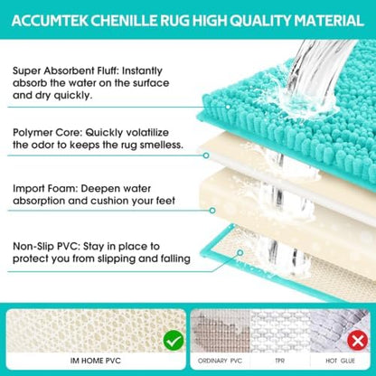ACCUMTEK Upgrade Extra Large Teal Green Bathroom Rug Set 3 Pieces Ultra Soft, Thick Absorbent Bath Mats, Non Slip Chenille Toilet Mat for Bathroom, Bedroom, Kitchen, Turquoise
