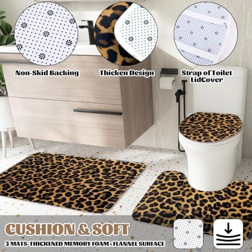 AnyDesign 28 Pcs Leopard Shower Curtain Set with Non-Slip Bath Mat U-Shaped Rug Toilet Lid Cover Cheetah Print Shower Curtain with Hooks and Pink Ribbons for Bathroom Accessories & Decor