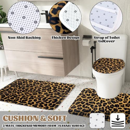 AnyDesign 28 Pcs Leopard Shower Curtain Set with Non-Slip Bath Mat U-Shaped Rug Toilet Lid Cover Cheetah Print Shower Curtain with Hooks and Pink Ribbons for Bathroom Accessories & Decor