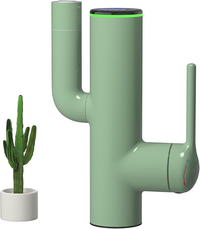 Bathroom Faucets, Cactus Design, Single-Hole with Water-Powered Temperature Changing 3 Color Lights, 360° Rotatable Spout and 2 Flow Modes, Bath Sink Faucet with Supply Hoses, Green