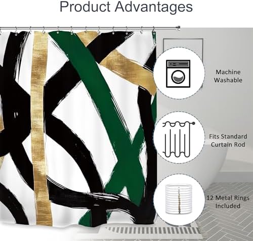 Abstract Emerald Green Black Gold Shower Curtain 72Wx84L Inch Modern Minimalist Contemporary Geometric Extra Long Bathroom Set Accessories Decor with 12 Pack Hooks