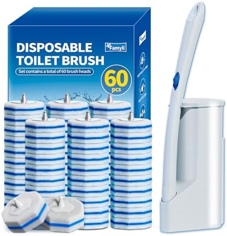 Disposable Toilet Brush Set with 60 Replacement Heads, Toilet Cleaning Replacement Pads, Starter Kit with Storage Case for Deep Cleaning and Hygienic Bathroom Maintenance