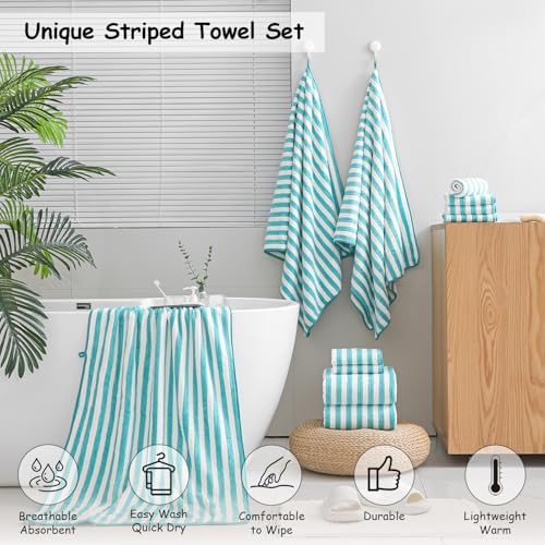 8 Pcs Turquoise Cabana Stripe Large Bath Towel Set-2 Bathroom Towels,2 Hand Towels,4 Washcloths Lightweight Soft Microfiber Bath Sheet Absorbent Shower Towel Quick Dry Beach Chair Spa Gym Hotel Towels