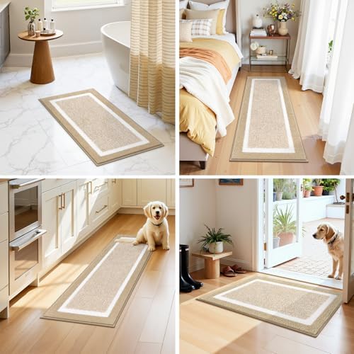 Pauwer Bathroom Rug Sets 3 Piece, Non Slip Washable Bath Ma, Beige
