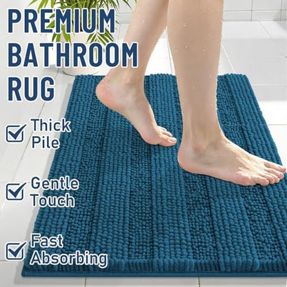 Grandaily Chenille Striped Bathroom Rugs 30x20, Extra Thick and Absorbent Bath Mats, Non-Slip Soft Plush Shaggy Shower Carpet, Machine Wash Dry, Bath Rug for Bathroom, (Medium, Peacock Blue)