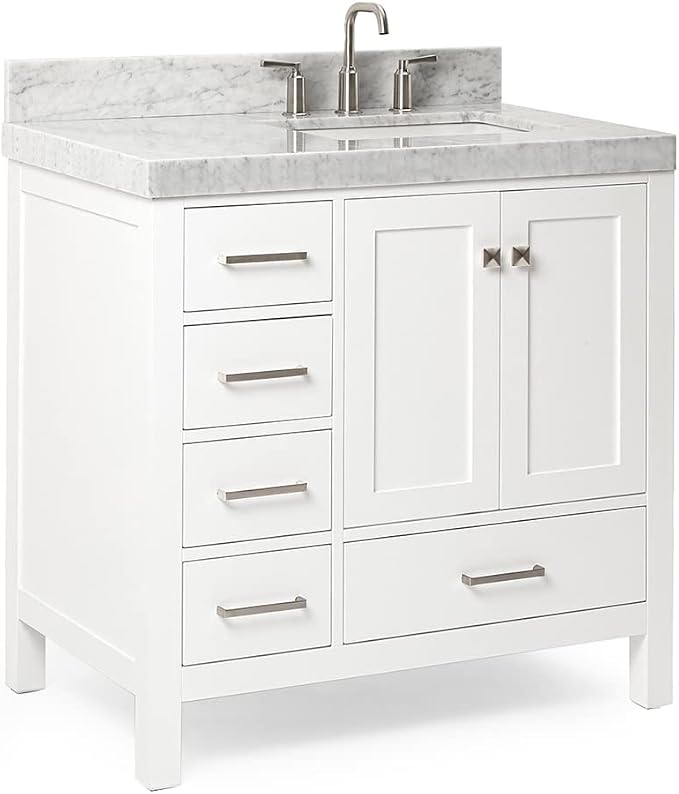 ARIEL Cambridge 36-inch Bathroom Vanity with Sink,Solid Wood, 2-inch Italian Carrara Marble Countertop, Single Rectangular Porcelain Sink, 2 Soft Closing Doors, 5 Dovetail Drawers, White
