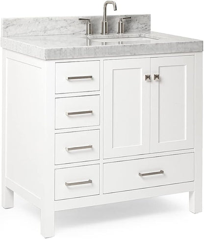 ARIEL Cambridge 36-inch Bathroom Vanity with Sink,Solid Wood, 2-inch Italian Carrara Marble Countertop, Single Rectangular Porcelain Sink, 2 Soft Closing Doors, 5 Dovetail Drawers, White