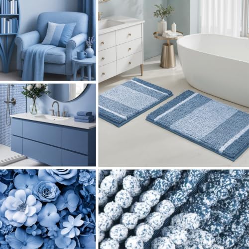 HOMEIDEAS Blue Bathroom Rugs Set, Striped Chenille, 20"x32"+17"x24"