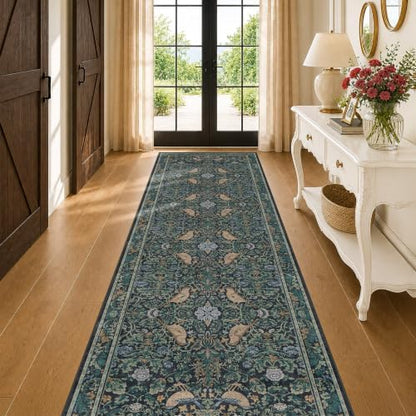 Boho 3x10 Wide Hallway Runner Rug 10 ft, Washable Extra Long Runner Rugs for Entrance Floor, Vintage Blue and Green Plant Design Carpet for Kitchen, Low Pile & Stain Resistant