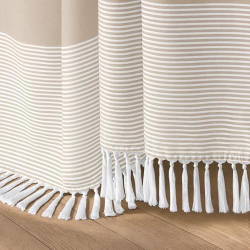 Beige Boho Cotton Striped Shower Curtain with Tassel 60" W X 72" L