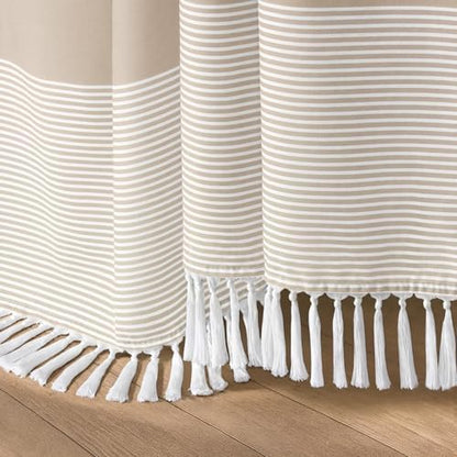 Beige Boho Cotton Striped Shower Curtain with Tassel 60" W X 72" L