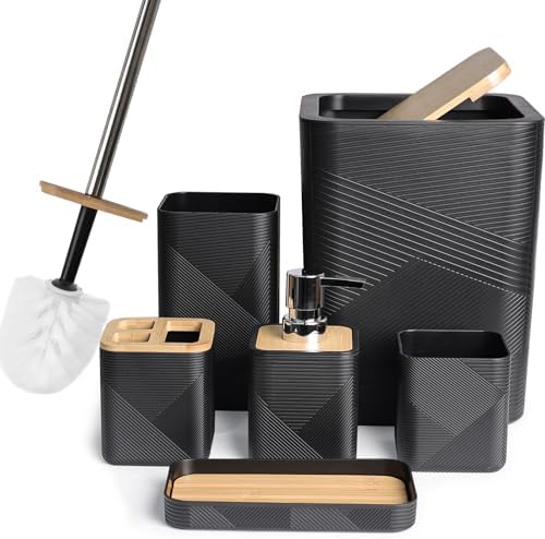 CERBIOR Bamboo Bathroom Accessories Set 6 Piece Square Spiral Set,Black
