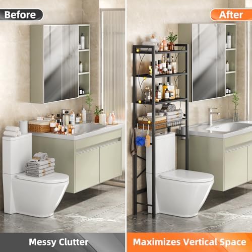 Over-The-Toilet Storage Rack, 4-Tier Bathroom Organizer Shelf Over Toilet with Adjustable Shelf and Basket, Freestanding Space Saver Bathroom Shelves Above Toilet for Room (Pure Black)