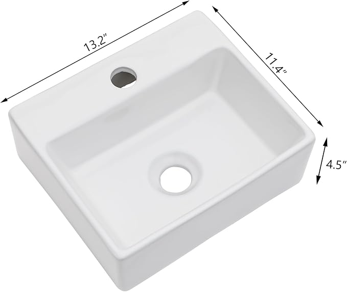 13 Inch Wall Mounted Bathroom Sink, White 13" x 11" Compact Ceramic Wall Mount Vessel Sink Basin, Rectangular Small Bathroom Sink for Powder Room, RV, Apartment, Guest Bathroom
