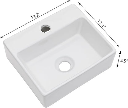 13 Inch Wall Mounted Bathroom Sink, White 13" x 11" Compact Ceramic Wall Mount Vessel Sink Basin, Rectangular Small Bathroom Sink for Powder Room, RV, Apartment, Guest Bathroom