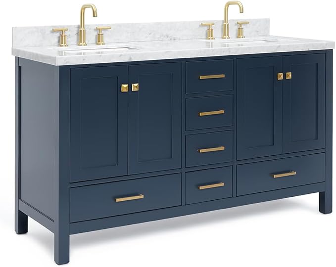 ARIEL Cambridge 60-inch Bathroom Vanity with Sink,Solid Wood, 1.5-inch Italian Carrara Marble Countertop, Double Rectangular Porcelain Sink, 4 Soft Closing Doors, 6 Dovetail Drawers, Midnight Blue