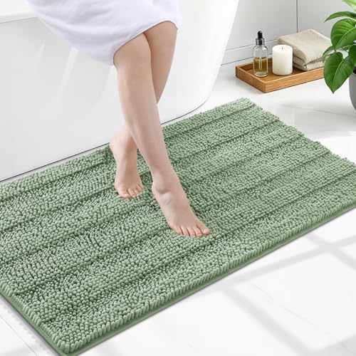 Grandaily Chenille Striped Bathroom Rugs 47x24, Extra Thick and Soft Absorbent Bath Mats, Rubber Backing, Plush Shaggy Shower Carpet, Machine Wash Dry, Bath Rug for Bathroom, Grayish Green