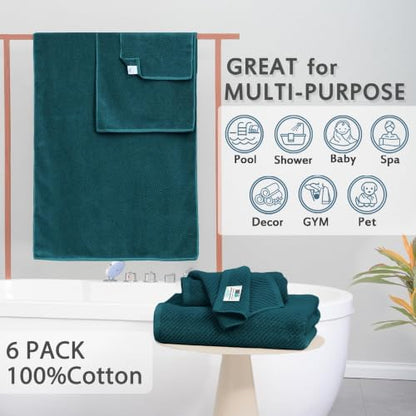 VOOVA & MOVAS 6PC Towel Set, 100% Cotton, Deep Turquoise Dark Teal