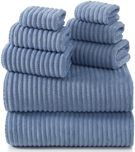 REDKISS Blue Bath Towels Set 8 Piece - Microfiber Bathroom Towels of 8 Large, Highly Absorbent Bath Towel, Soft Shower Towel for Bathroom, Hotel 2 Bath Sheet 2 Hand 2 Washcloths 2 Hair Towel Wrap