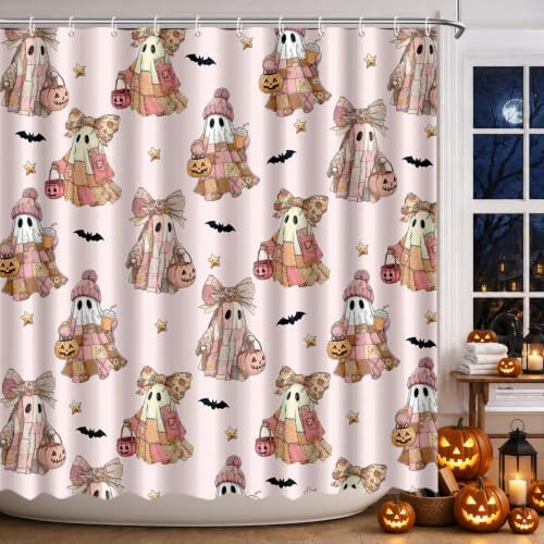 MEHOFOND Halloween Pink Patchwork Ghost Shower Curtain Pumpkin Bath Decor
