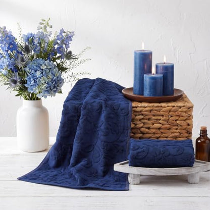 SmoothNovelty 2 Pcs Navy Blue Floral Jacquard Hand Towels for Bathroom