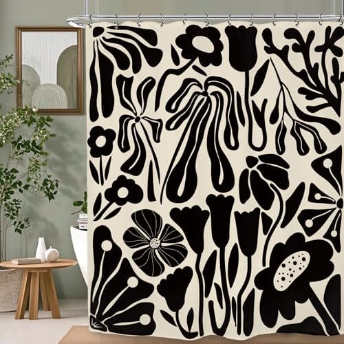 Black Off White Matisse Flower Art Shower Curtain 60Wx72L Inch Abstract Vintage Botanical Blossom Minimalist Neutral Wildflower Bathroom Set Accessories Decor with 12 Pack Hooks