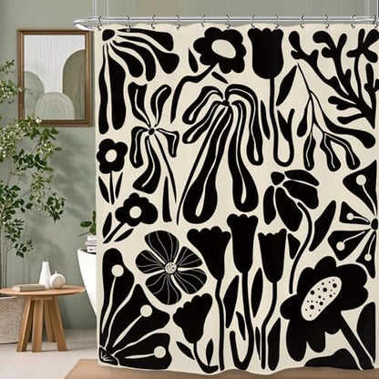 Black Off White Matisse Flower Art Shower Curtain 60Wx72L Inch Abstract Vintage Botanical Blossom Minimalist Neutral Wildflower Bathroom Set Accessories Decor with 12 Pack Hooks