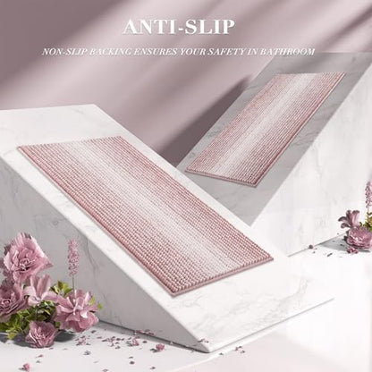 BSICPRO Bathroom Rugs Sets 2 Piece, Non Slip Striped Bath Mats, Mist Pink