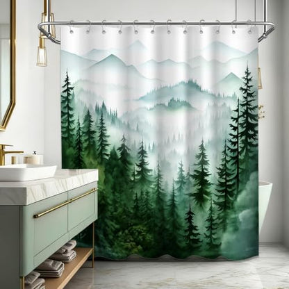 Dark Green and White Extra Long Shower Curtain, Tall 72X78 in, Forest