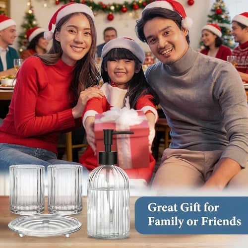 Glass Bathroom Accessories Set, 4Pcs Bathroom Accessories Sets Complete Lotion Soap Dispenser, Toothbrush Holder, Mouthwash Cup, Soap Dish for Bath Decor, Countertop Vanity Organizer (Clear)