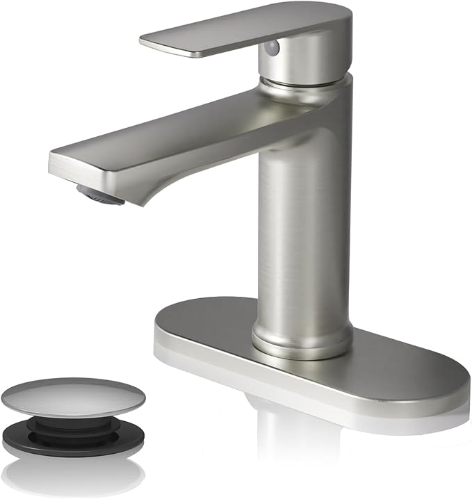 BELZ Nickel Bathroom Faucet, Lead-Free 1 or 3 Hole (4") Vanity Sink Faucet | NSF372 Compliant, Anti-corrosion Coating, 6'' Single Handle Sink Faucet with pop-up drain & hot/cold hoses, Easy DIY Install